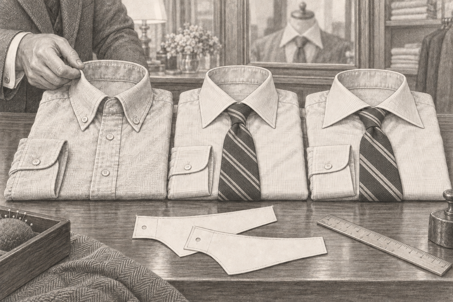 Pencil illustration comparing Brooks Brothers button-down, forward-point and Ainsley collar styles