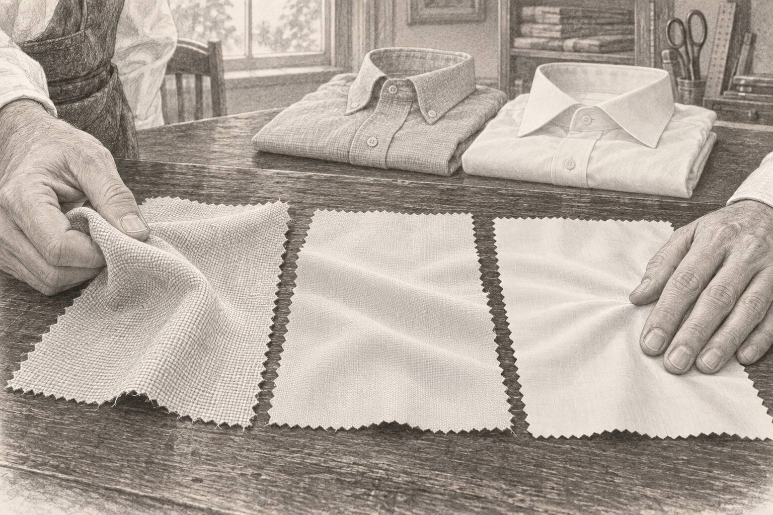 Oxford、Pinpoint Oxford、Broadclothの生地スワッチを表した鉛筆画