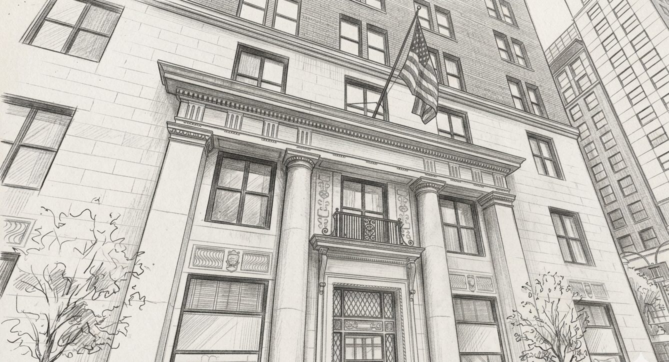 建物の外観を描いたモノクロのイラスト